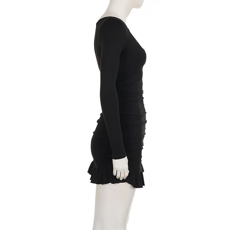 Fashionable Deep V-Neck Lace Panel Slim Fit Sexy Pleated Short Skirt Dress High Waist Milk Fiber Long Sleeve for Neutral Use