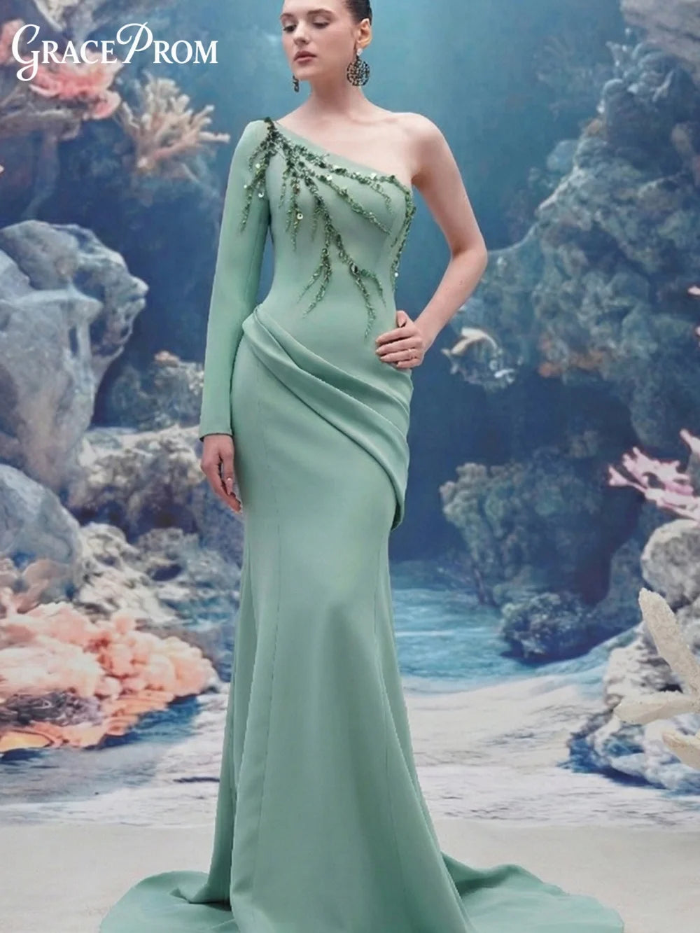 Stunning Mother Of The Bride Evening Gown 2027 Chic One Shoulder Long Sleeve Beaded Draped Mermaid Formal Prom Dress فساتين سهرة