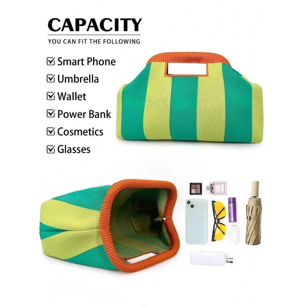 New Woven Bag Hollow-Out Striped Knitted Handbag Fly-Knitted Cloud Versatile Portable Cosmetic Bag