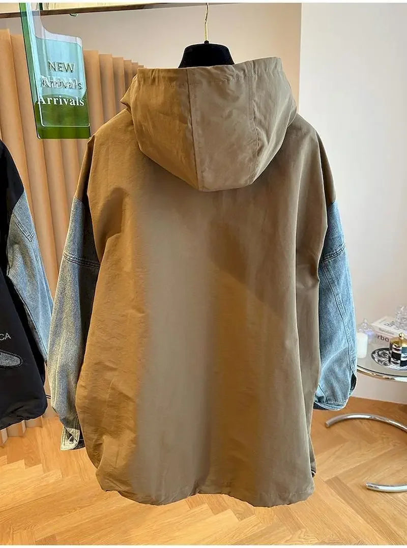 Oversized Hoodies Coat Women Fashion Denim Patchwork Hooded Pullover Jackets Casual Loose Half Zipper Hoodie Y2k Spring Autumn