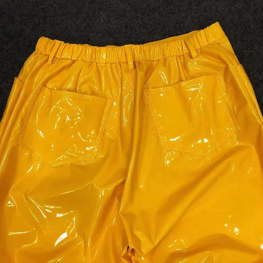 Men Mid Waist Shiny Faux Latex Leather Loose Hiphop Pants With Pocket Male Solid Color Stretch PVC Trousers Clubwear New Custom