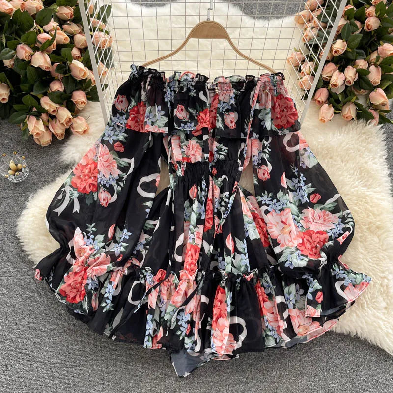 2025 New Retro Summer Beach Vacation Dress Women Sexy Strapless Lantern Sleeve Sweet Floral Jumpsuit Short Chiffon Print Dresses