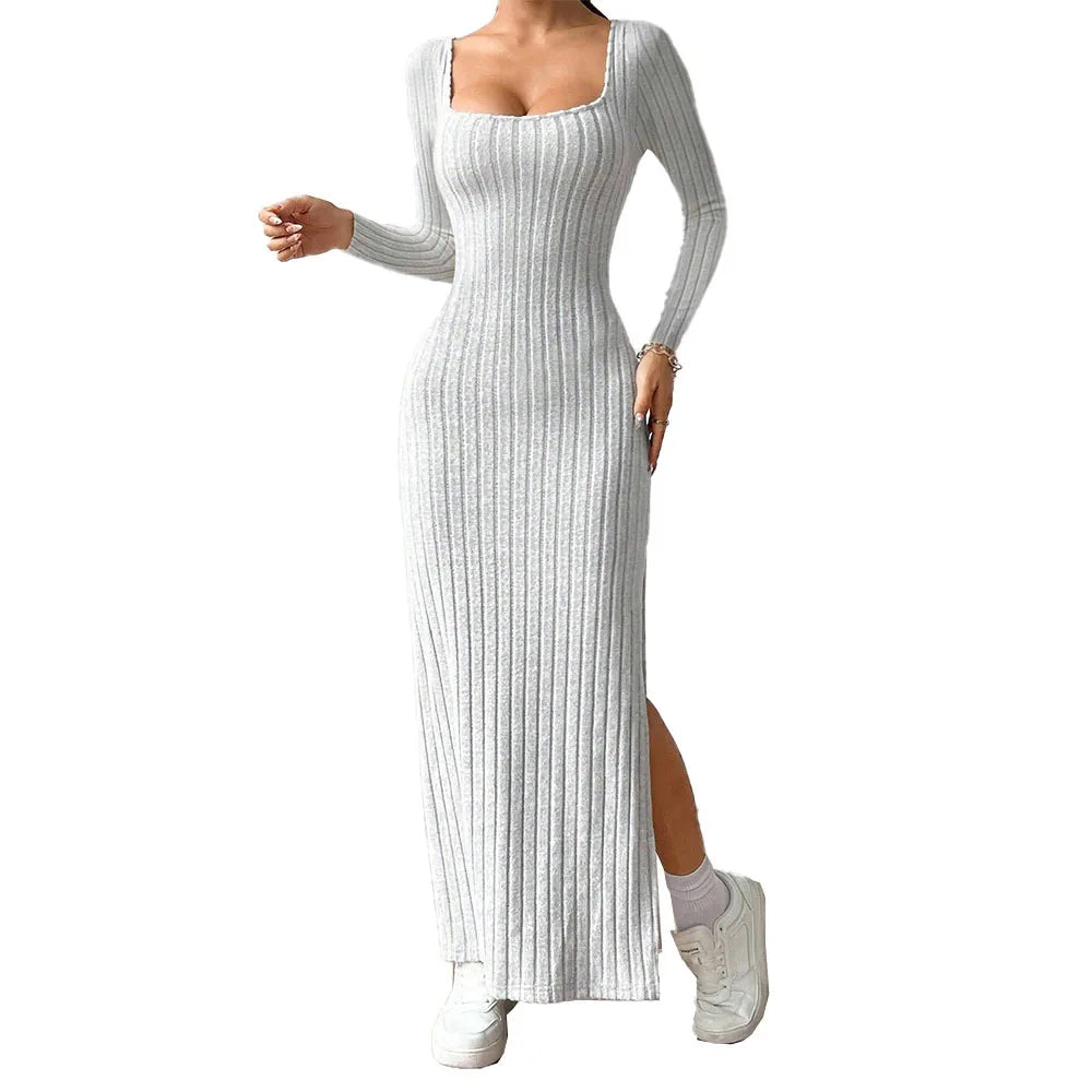 Women's Knitting Dress 2026 Spring Autumn Long Dress Minimalist Elegant Square Neck Backless Design Long Sleeve Midi Dress