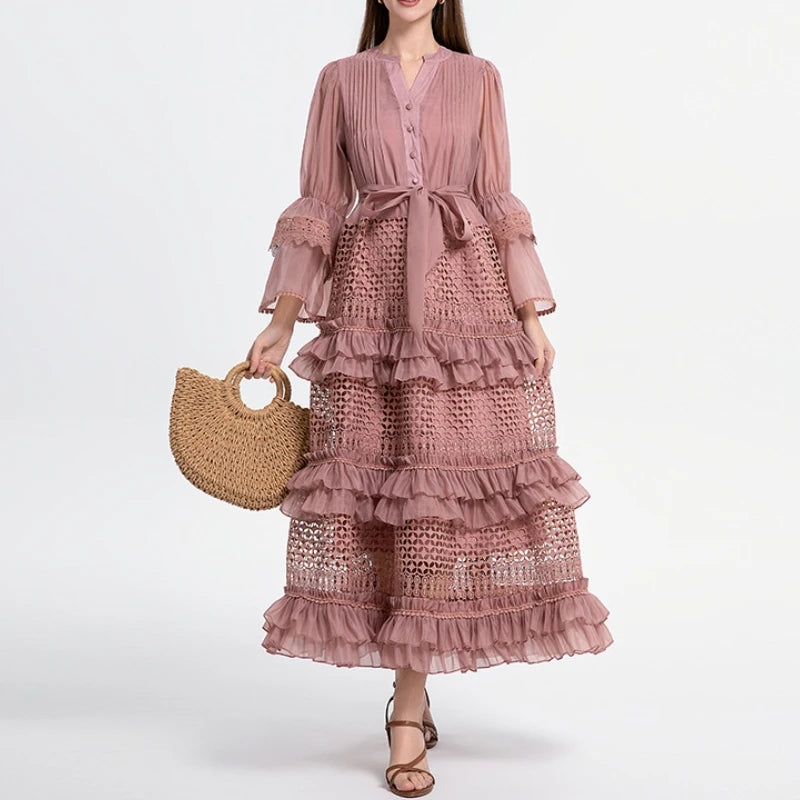 Elegant Hollow Out Lace Dress V-neck Vintage Flare Long Sleeves Chic Bandage A-line Long Dresses French High Street Clothing