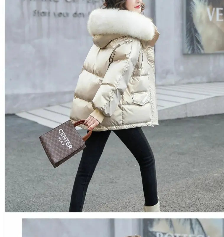 2026 Winter Fashion New Warm Duck Down Jacket Women's Clothes Glossy Fur collar Thicken Parka Short Down Coat Female Trend