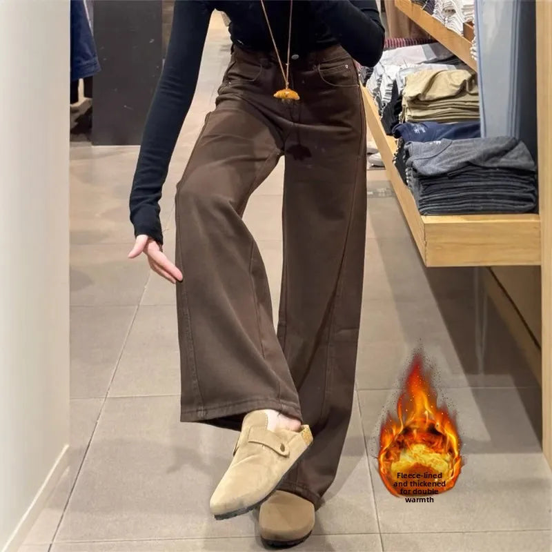 Thiened Fce High Waist Straight Leg Jeans Women's Warm Wide Leg Design Slimming Floor-Length Knife  Winter Jeans