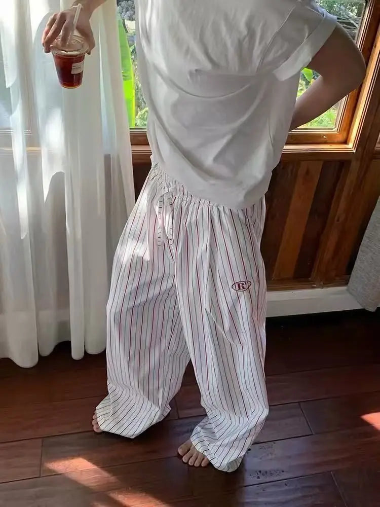 Classic Women Summer Vertical Striped Wide Leg Pants Elastic Drawstring High Waist Mini Embroidery Logo Loose Casual Trousers