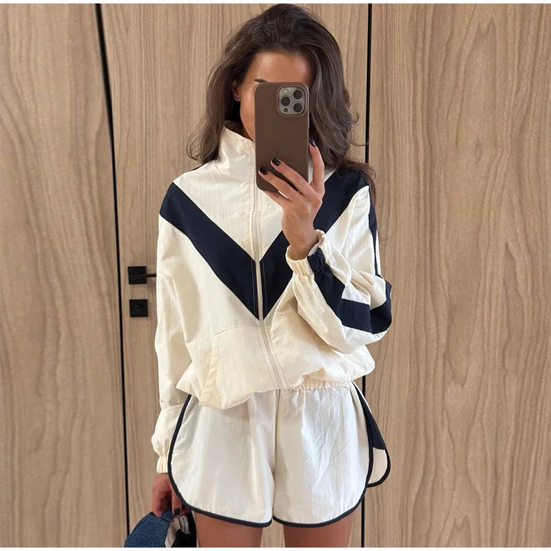 Fashion Color Block 2 Piece Tracksuit Women's Stand Collar Zip Lightweight Jacket Loose Mini Shorts 2026 New Lady Casual Outfit