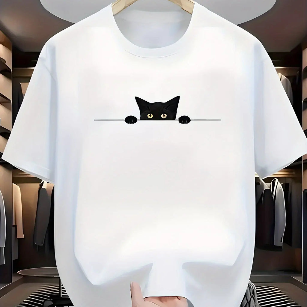Men's Summer 100% Cotton Fashionable Casual Loose Large Cute Cat Pattern Printed Round Neck Short Sleeve T-shirt Top