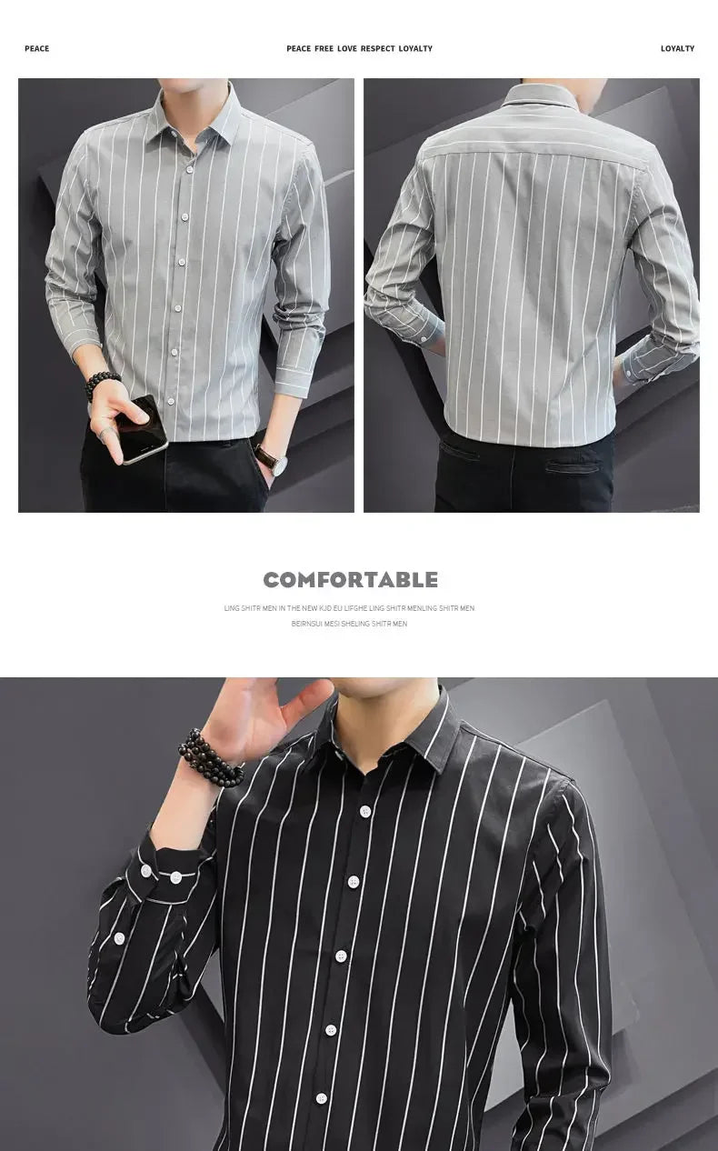 Stylish Men's Striped Shirt Printed Casual Business Dress Shirts Long Sleeve All-Match Slim Fit Fashion Korean Streetwear Shirts