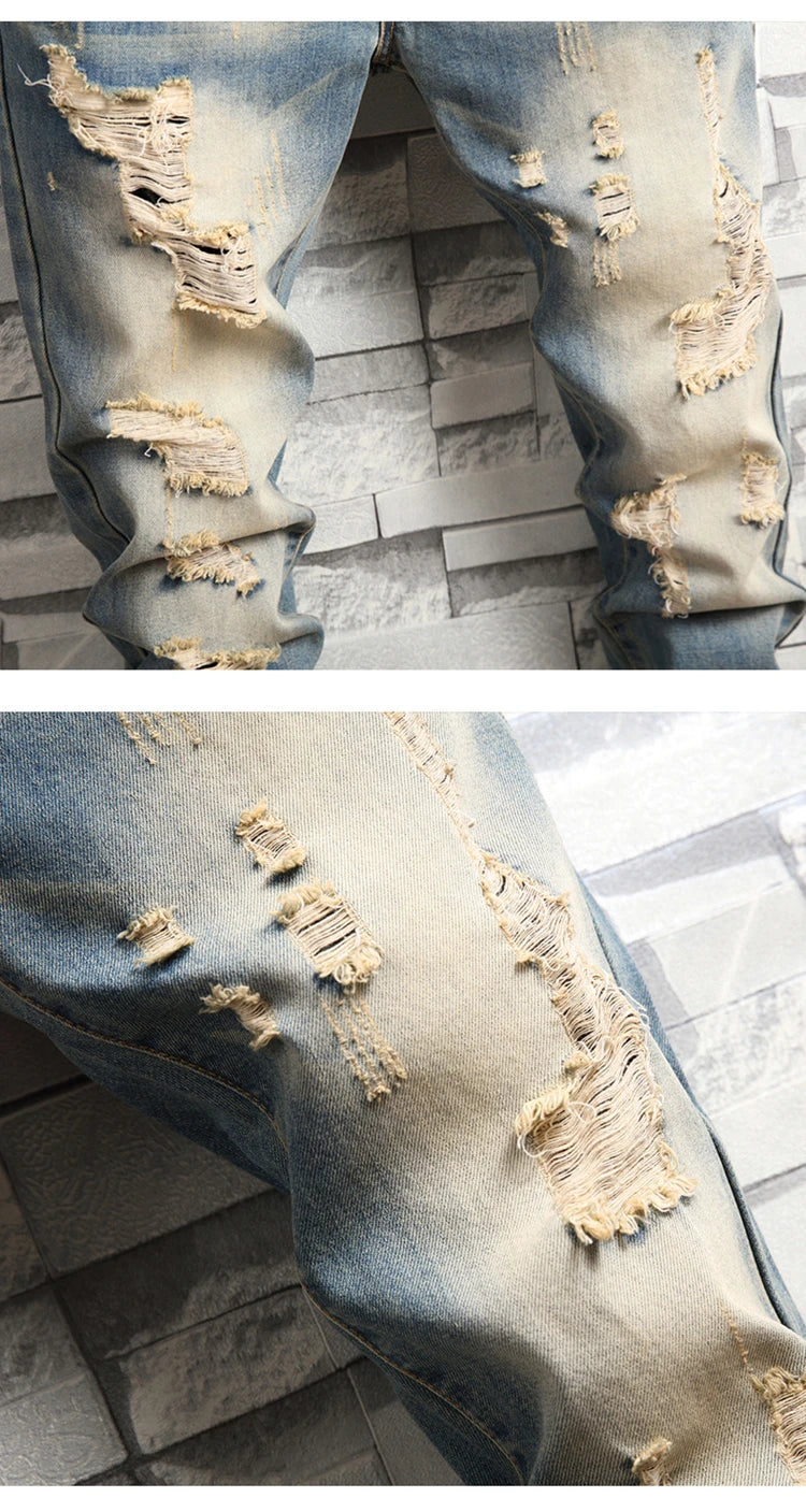 Distressed Ripped Jeans Men's Retro Blue Fashion Slim Motorcycle Trousers Male Hip-hop Street Male Hole Denim Pants