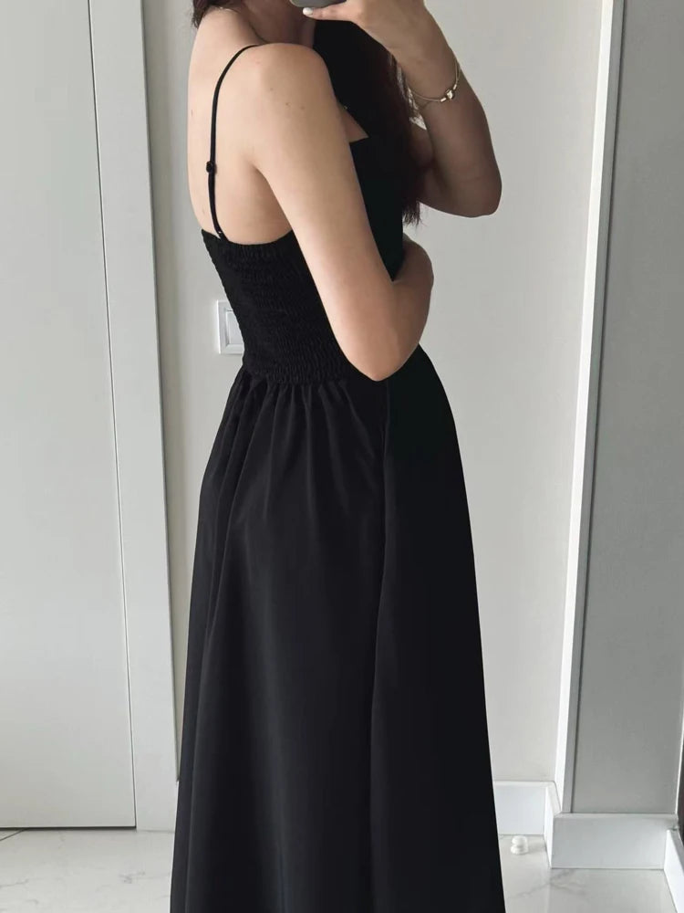 FSMG Fashion Black Breathable Sleeveless Backless Halter Dress Summer Sexy Spaghetti Strap Hollow Out Pockets Side Long Skirt