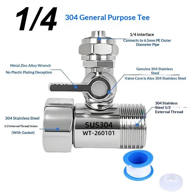 .Hot Sale-1Set Tap Tee B Cold Hot Water Pipes Home Accessories 1/2" To 1/4"3/8" With Shut-Off Ball Valve RO Feed Water Adapter