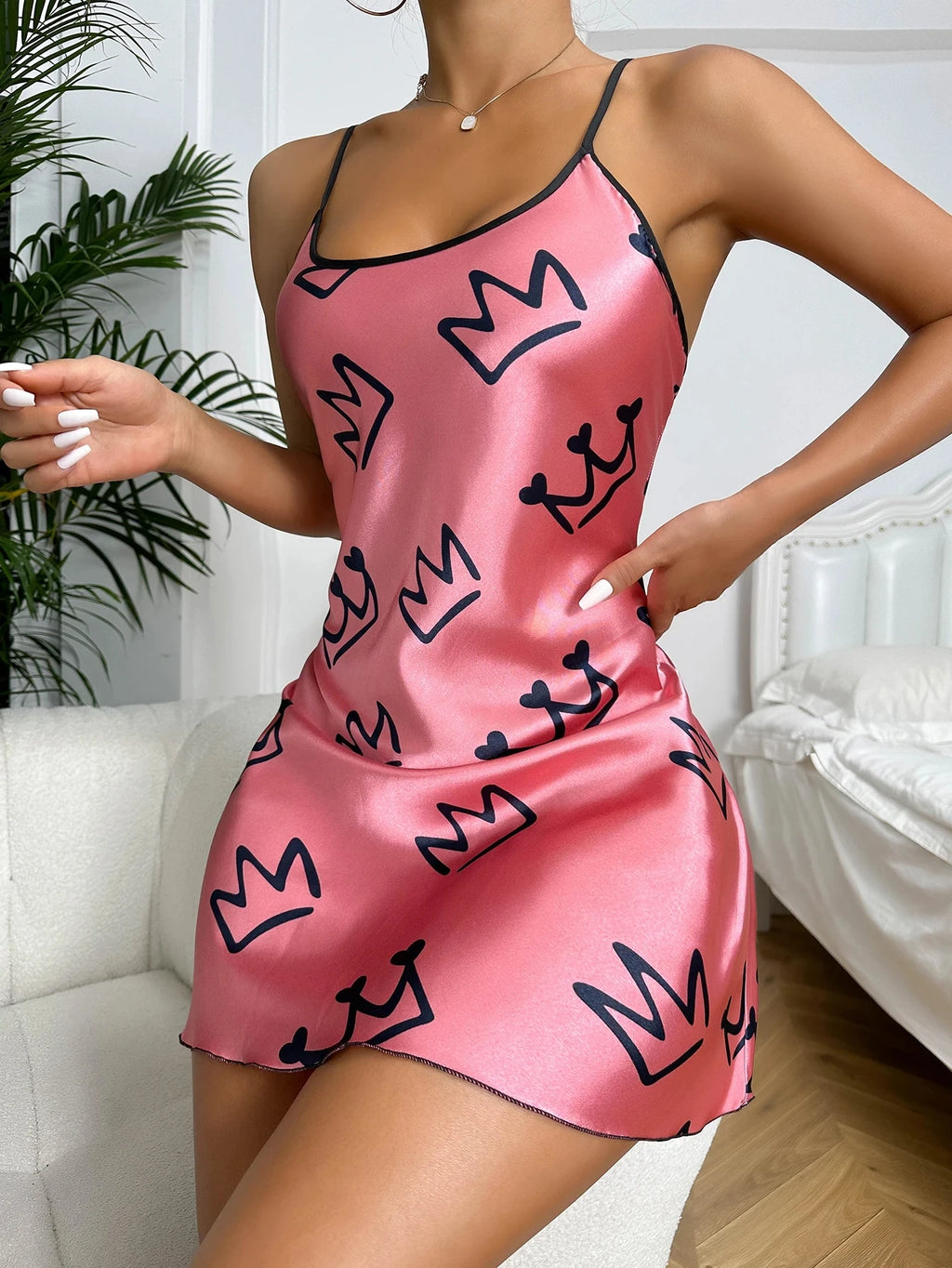 Heart Print Nightdress Elegant Scoop Neck Criss Cross Back Sleep Dress Women's Sleepwear