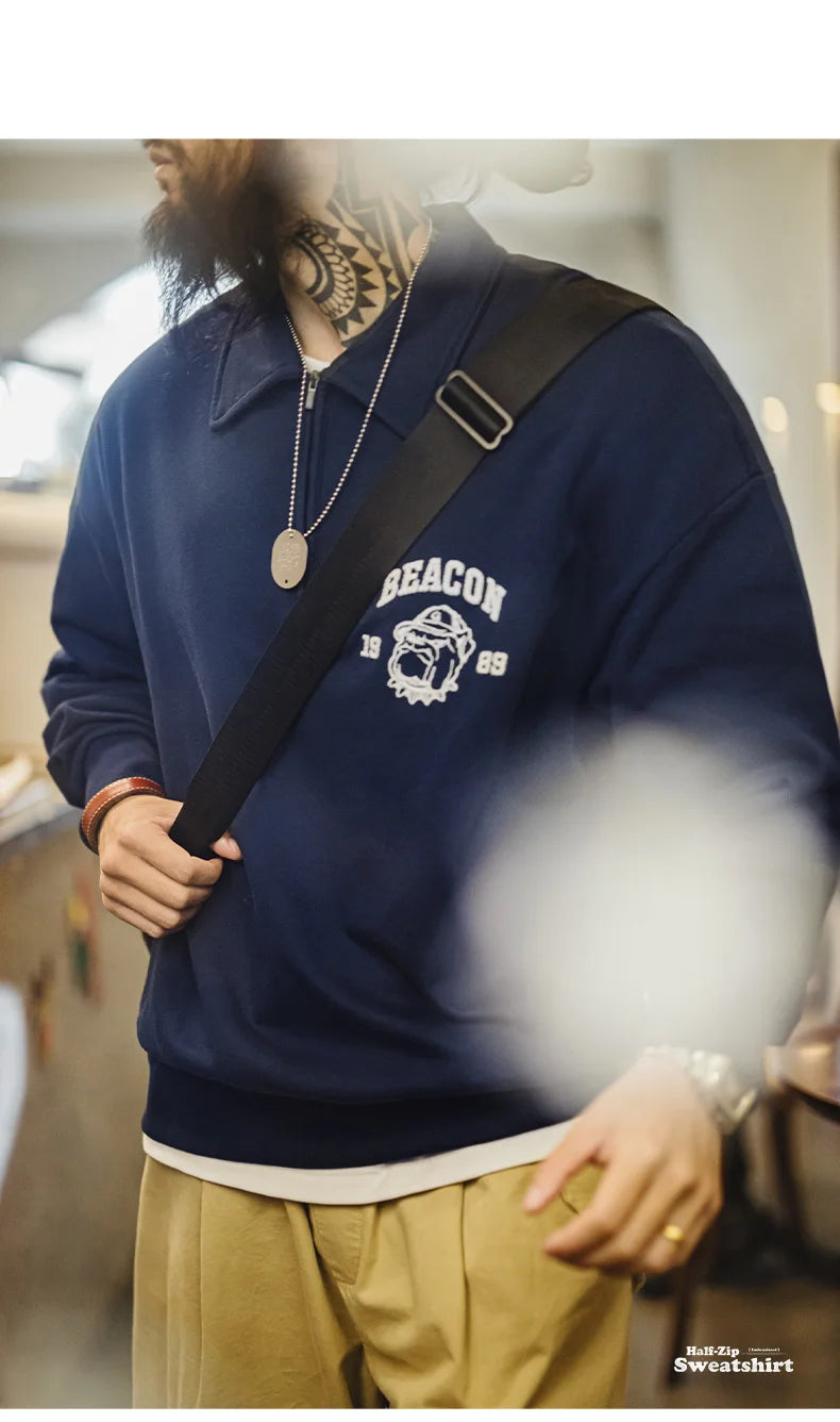 Maden Vintage Men's Long Sleeve Embroidered Sweatshirt with Letters Half-open Front Casual Hoodie Turned-up Collar for Spring