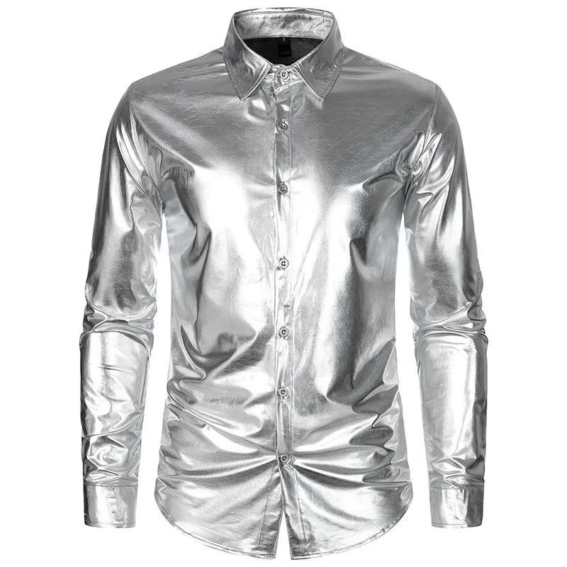 Men's Retro Gold Glossy Shirt American Casual Fashion Performance Shirts Solid Color Gorgeous Nightclub Male Shiny Tops