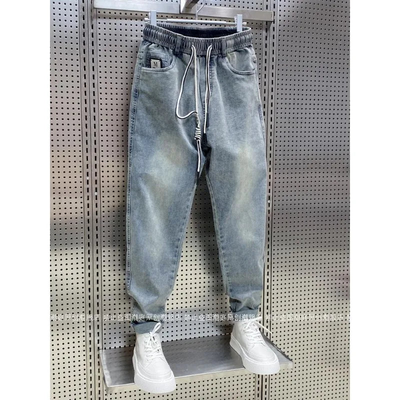 Spring Autumn New Kpop Loose Casual Men's Jeans Pants High-end Brand Loose Straight Pants Elastic Harlan Casual Trendy Dad Jeans