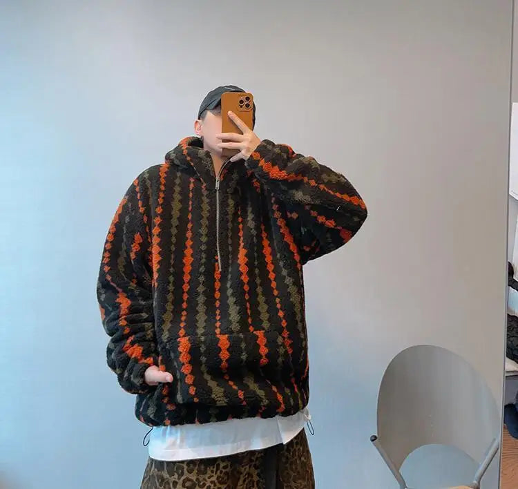 Retro Vertical Striped Autumn Winter Oversized Hooded Overcoat Men's Warm Velvet Loose Casual Half-zip Jackets Male Clothes