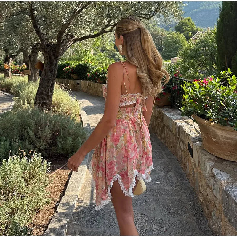 Sexy Print Spaghetti Strap Dresses Women's Sweet Sleeveless Backless Lace-up Puffy Mini Dress 2026 Summer Waist-cinching Gowns