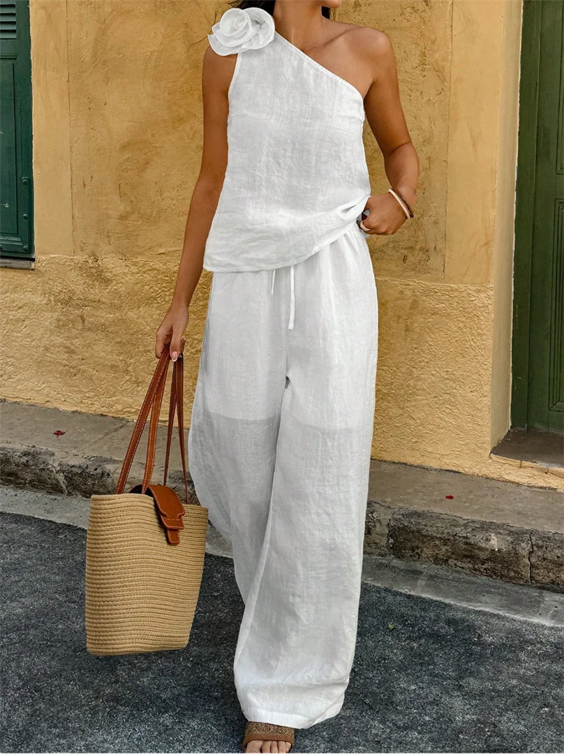 One‑Shoulder Sleeveless Tank Top Wide‑Leg Pants Two‑Piece Set, Lightweight Breathable Crinkle Fabric Casual Loose Fit Summer Out