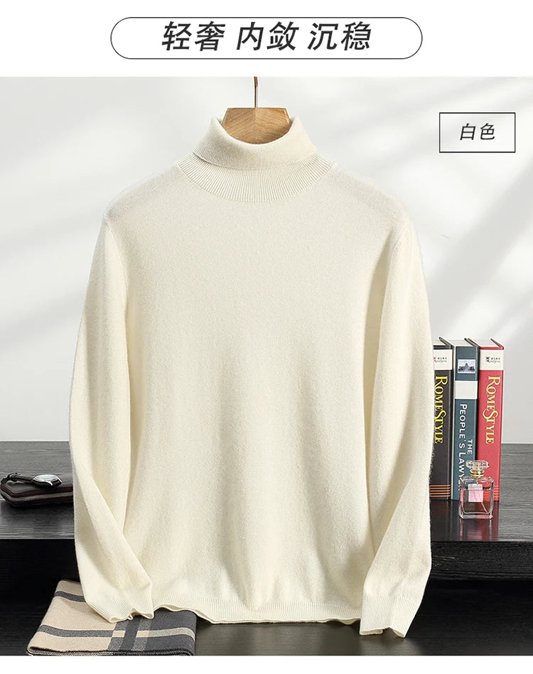 Autumn/Winter Men's 100% Cashmere Pullover Business Casual Solid Knitted Sweater Loose High Collar Tops Basic Thick Warm Jumper