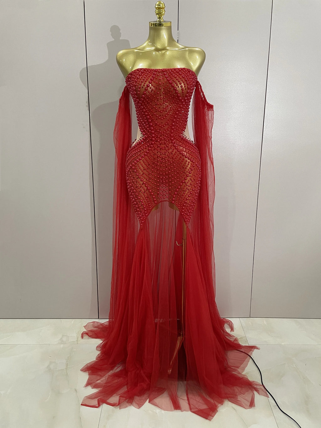 Elegant Sparkly Rhinestone White Pearl Sexy Strapless Mesh Long Dress Wedding Guest Gowns Luxury Birthday Evening Party Dress