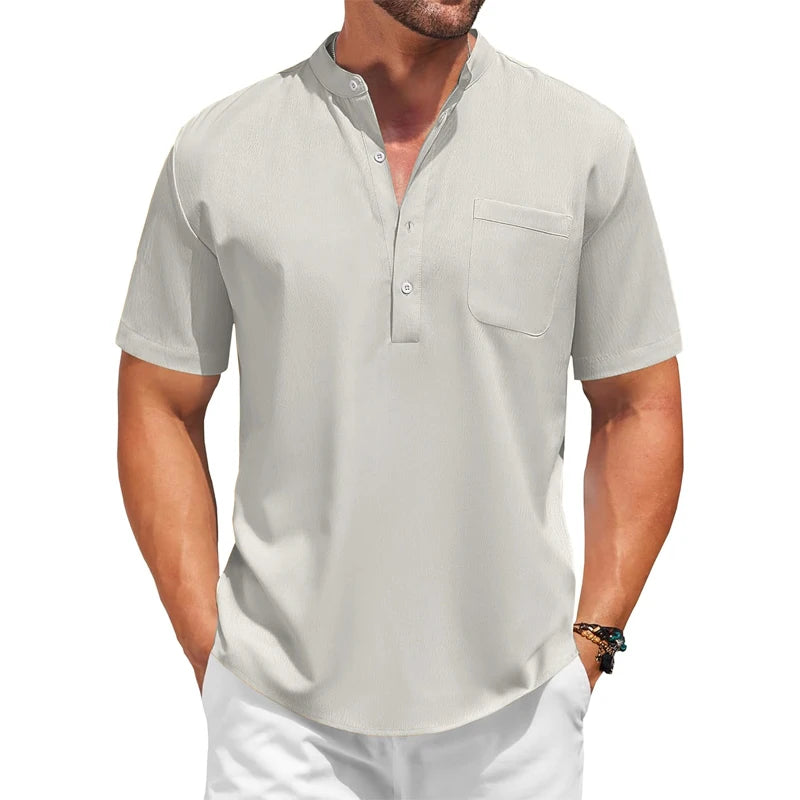 Mens Casual Henley Shirt Summer Short Sleeve Band Collar Cotton Tops Beach Hippie  Tee with Pockets Outdoor Streetwear for Men
