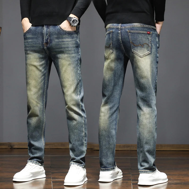 High-quality American retro jeans men's 2025 autumn new micro-elastic popular wear-resistant wash slim straight pants