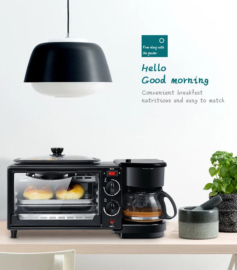 Multi Function 3in1 Breakfast Maker Electric Bread Roast Oven Steaming Coffee Pot Frying Fan In One Machine Kitchen Appliances