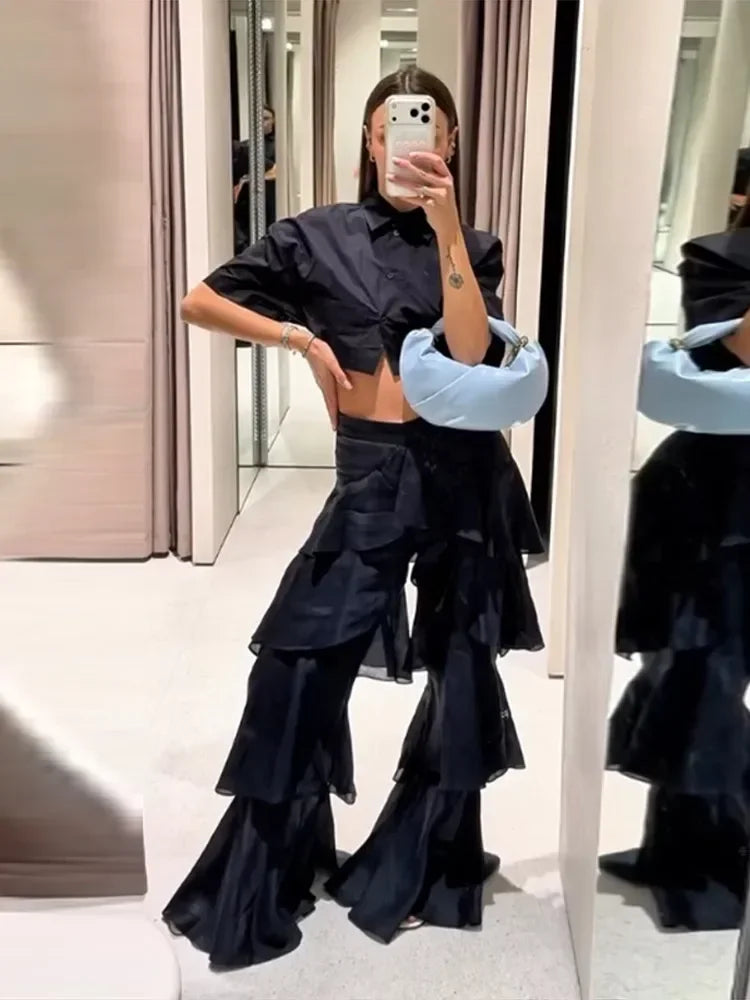 Ruffle Street Cascading Women's Y2k Pants Fashion Elastic Waist Wide-leg Female Trousers 2026 Summer Chic Holiday New Lady Pant