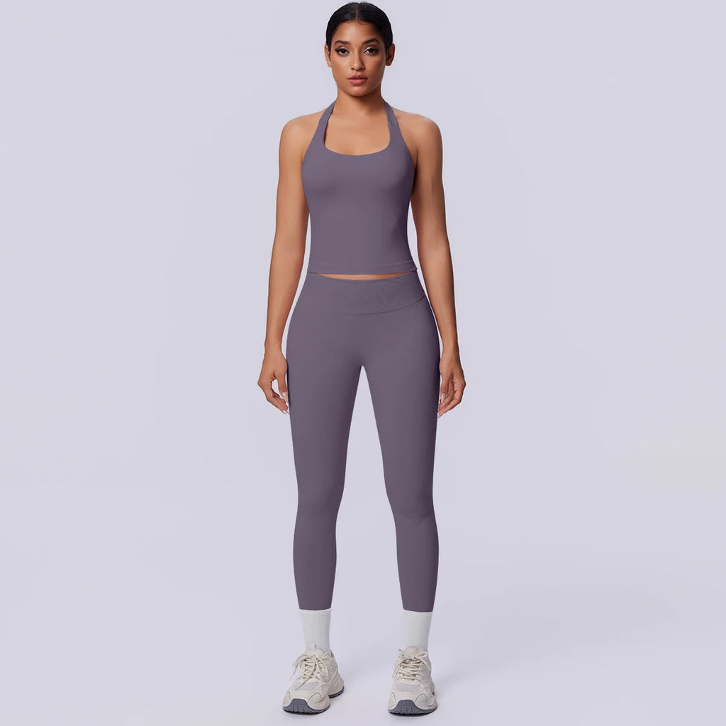 2PCS Woman Yoga Set Solid Color Sexy Fitness Top Summer Gym Workout High Stretch Female Pants Sports Fitness Clothing Yoga Set
