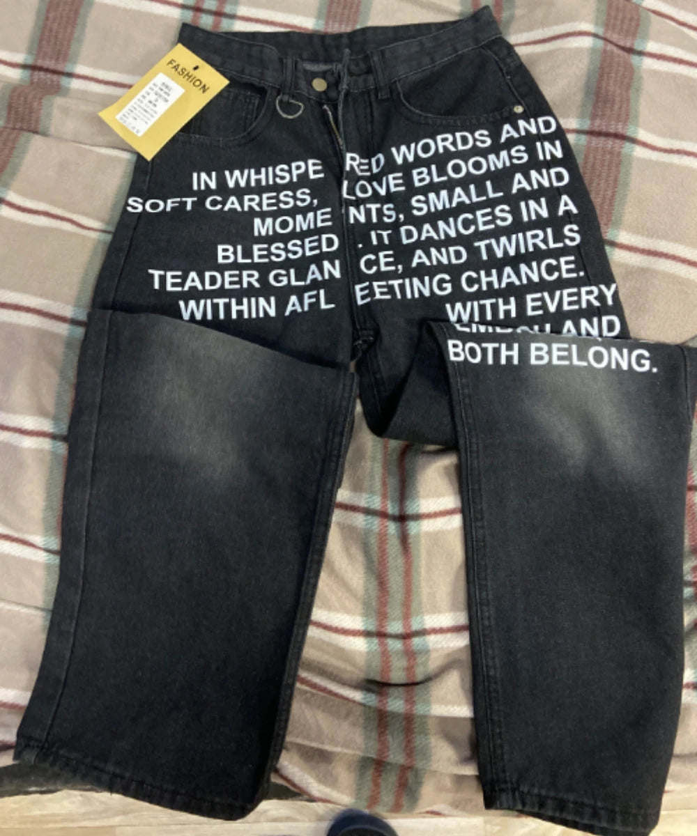 Trendy Jeans American Fashion High Street Trousers Letter Printed Pattern Wide Leg Y2K Men's Retro Gothic Casual Pants