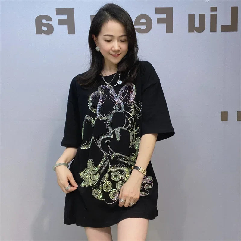 Loose Oversized T Shirt Women Rhinestones Cartoon Pattern Short Sleeve O Neck Pullovers Tops Tee Female Женская Одежда Plus Size