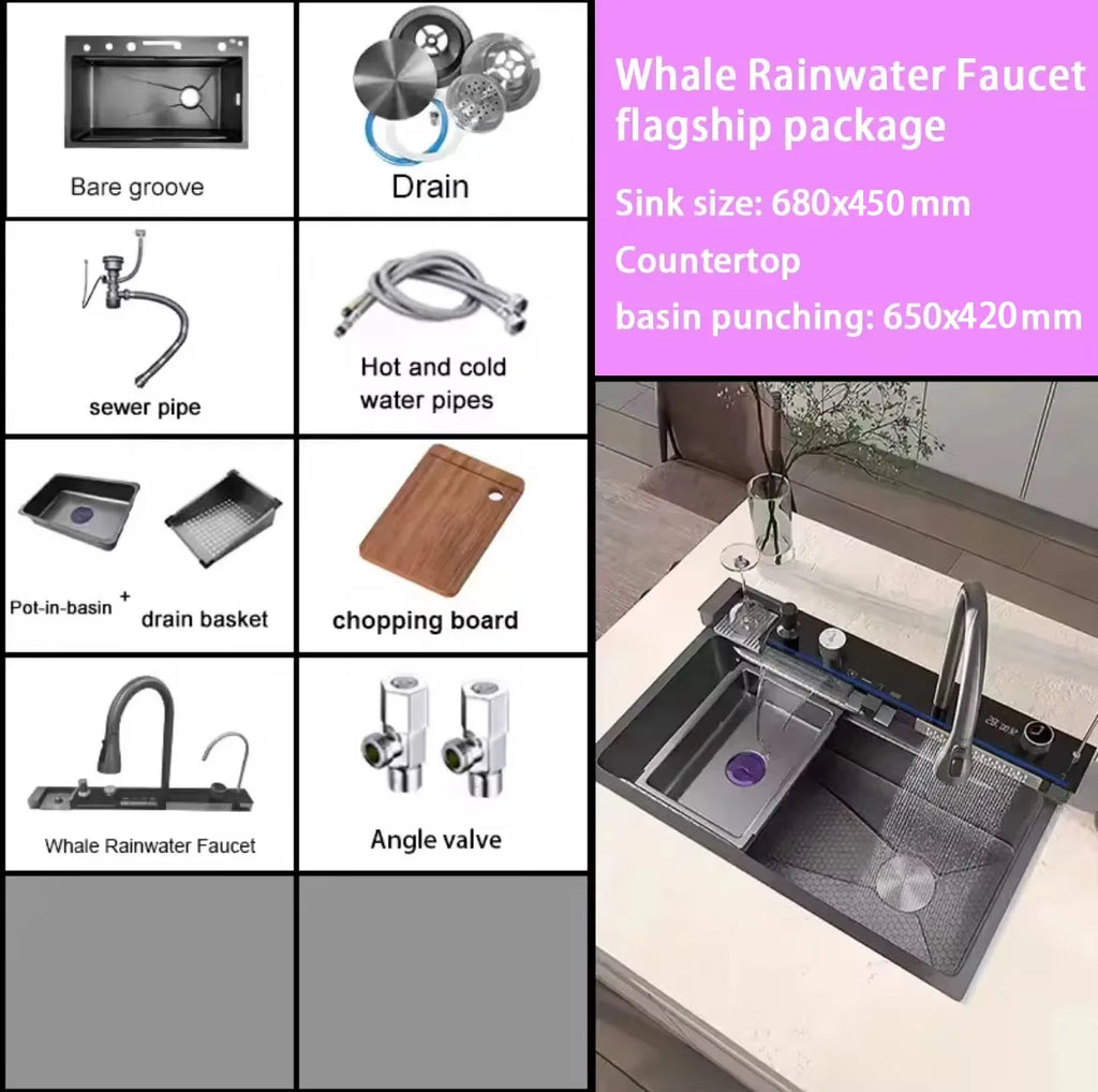 Stainless Steel Kitchen Sink with Faucet Digital Display Large Single Bowl Waterfall Rain 5 Functions System Dish Basin Sink