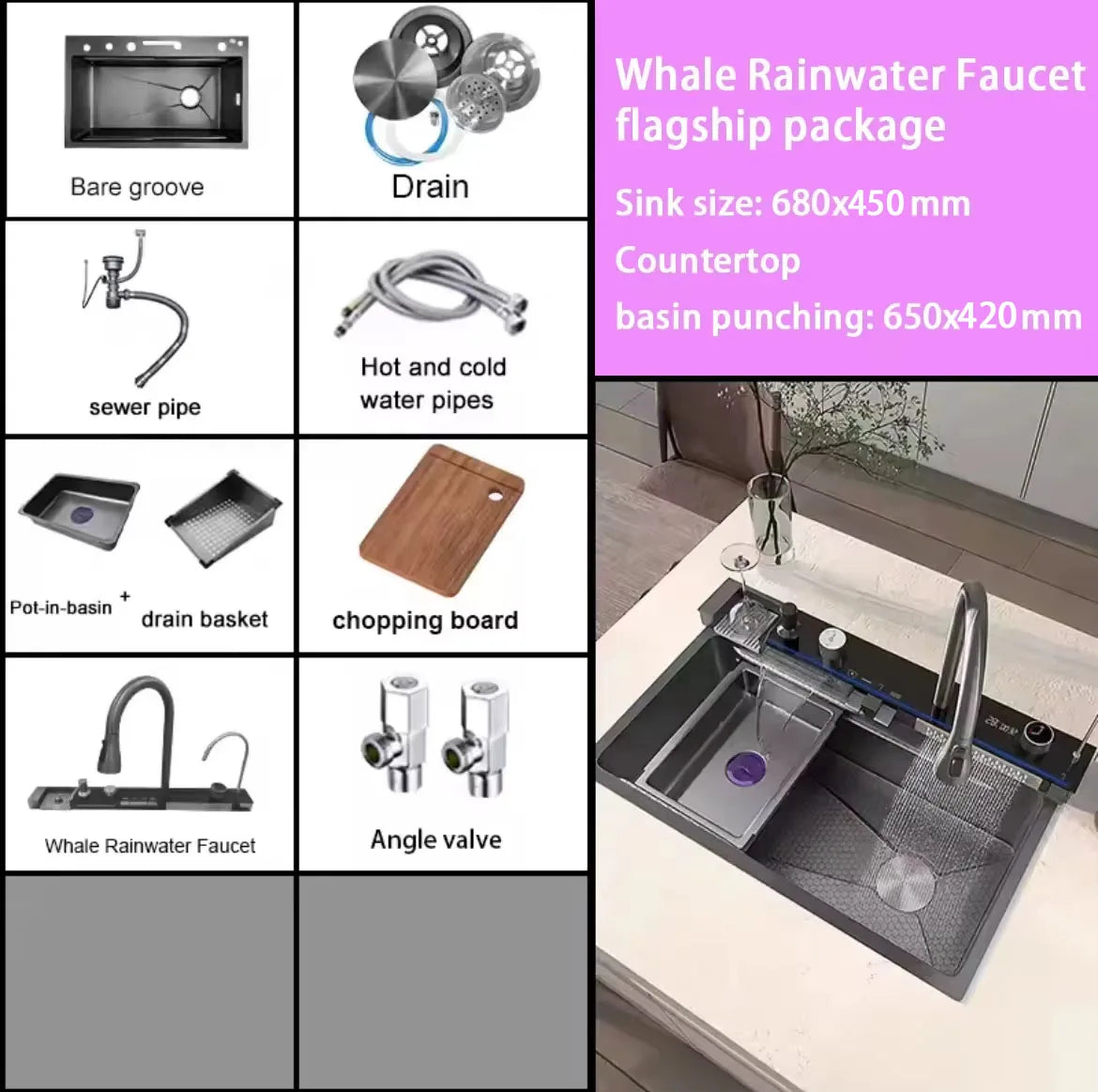 Stainless Steel Kitchen Sink with Faucet Digital Display Large Single Bowl Waterfall Rain 5 Functions System Dish Basin Sink