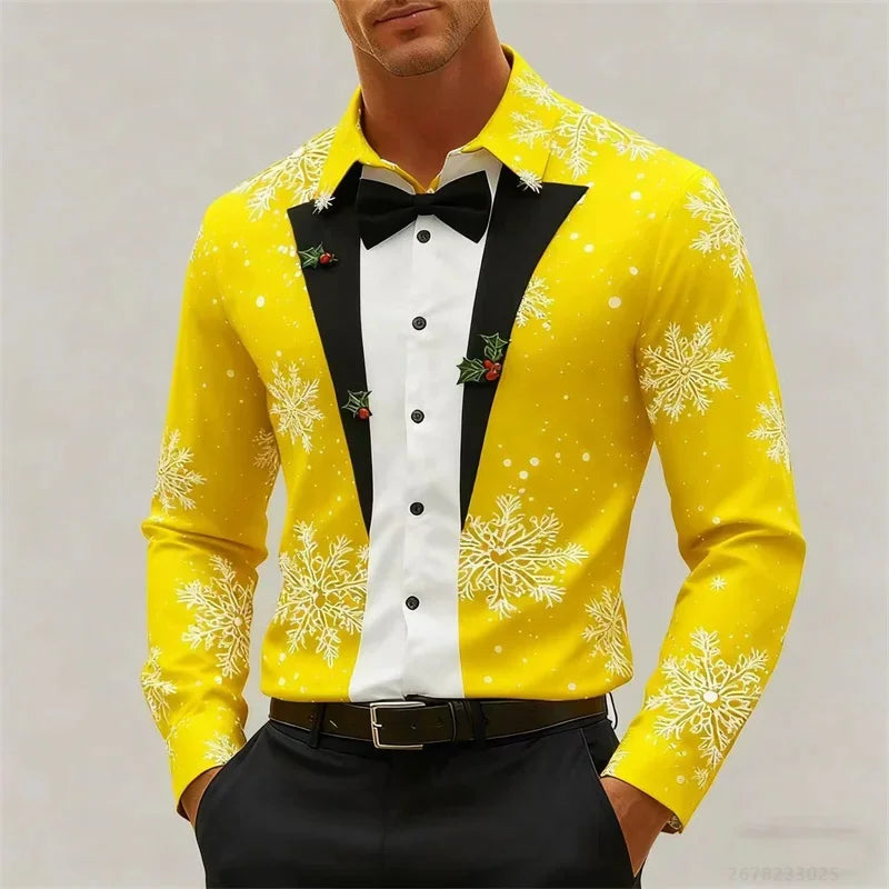 Men's Christmas long-sleeved shirt, 3D high-definition printed Christmas tree pattern, lapel button men's shirt, party wear