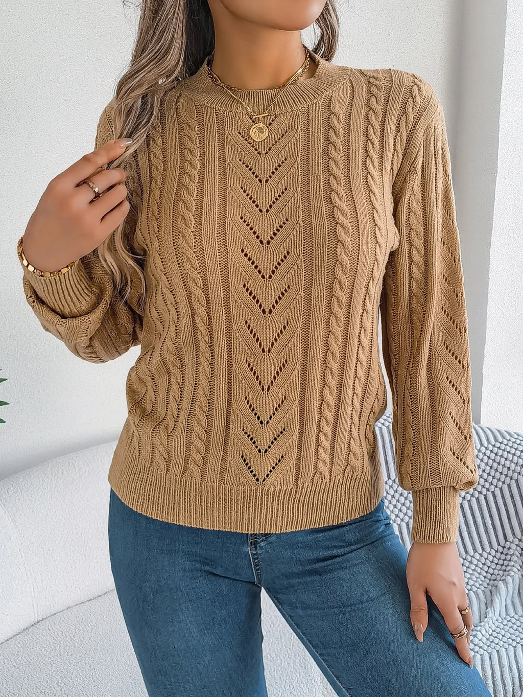 Women Solid Openwork Knit Pullover Round Neck Long Sleeve Cozy Fall Winter Resort Ready Sweater Top