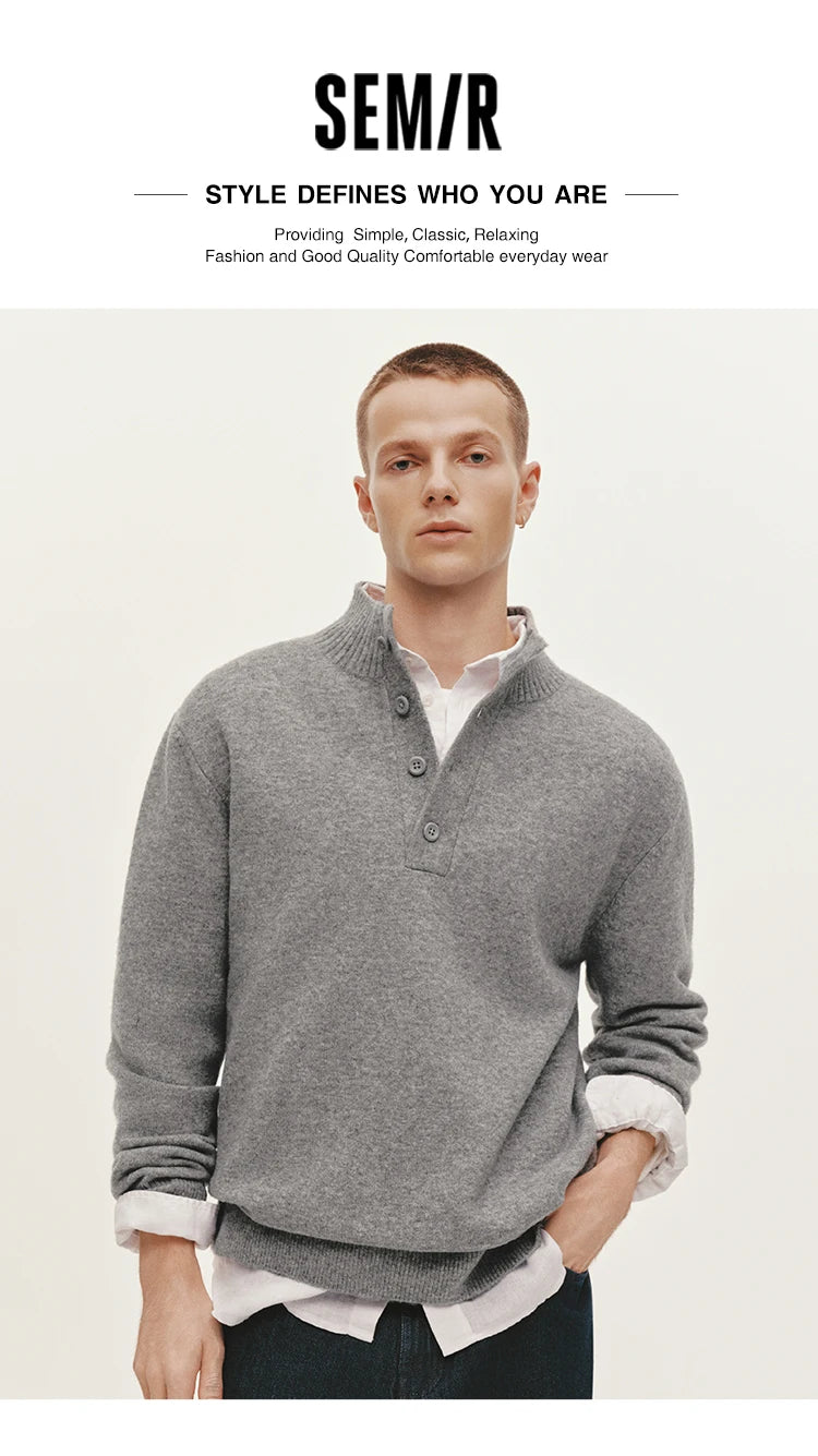 Semir Knitted Sweater Men Winter Half-Open Placket High Collar Wool Blend 2025 New Basic Pullover Men's Clothing