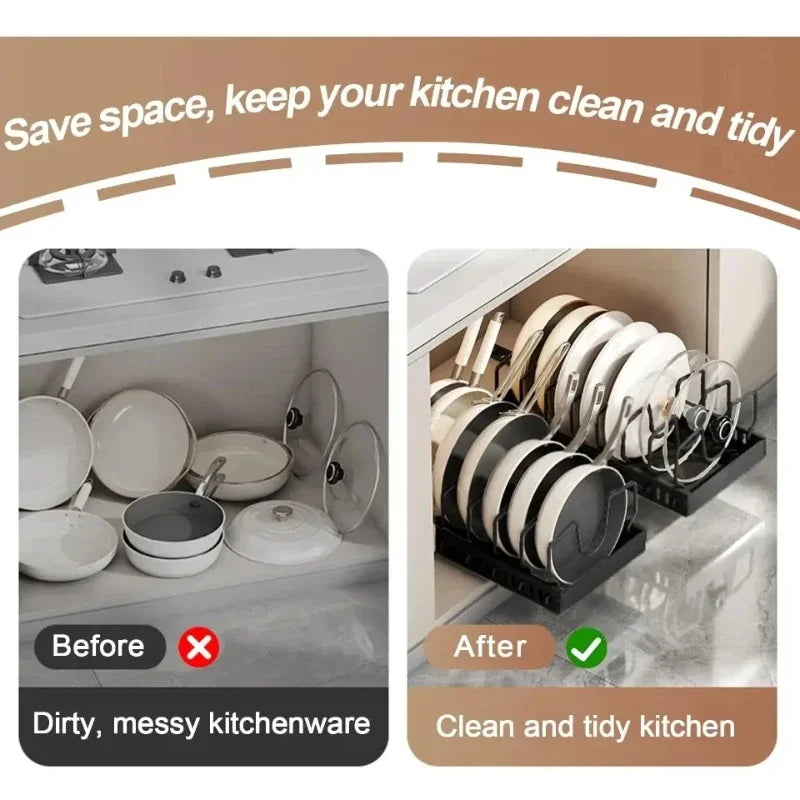 Kitchen Cabinet Pull Out Tray Organizer Adjustable Dish Rack Slide Rails Pots Pans Storage Holder