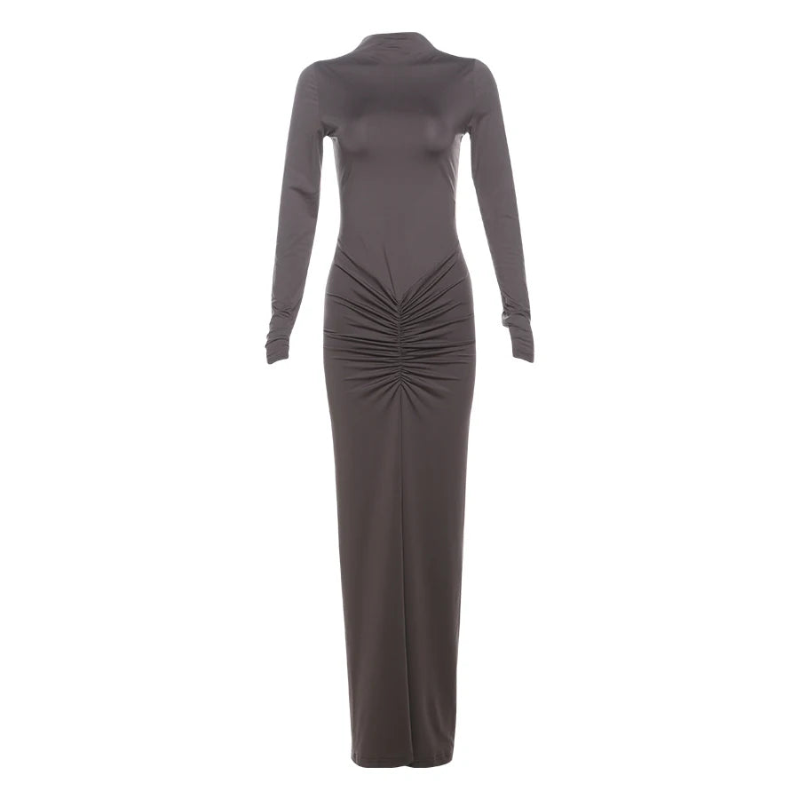 Weird Puss Hipster Ruched Dress Women O-Neck Full Sleeve Skinny Stretch Robe Autumn Trend Simple Classic Pleats Long Bodycon