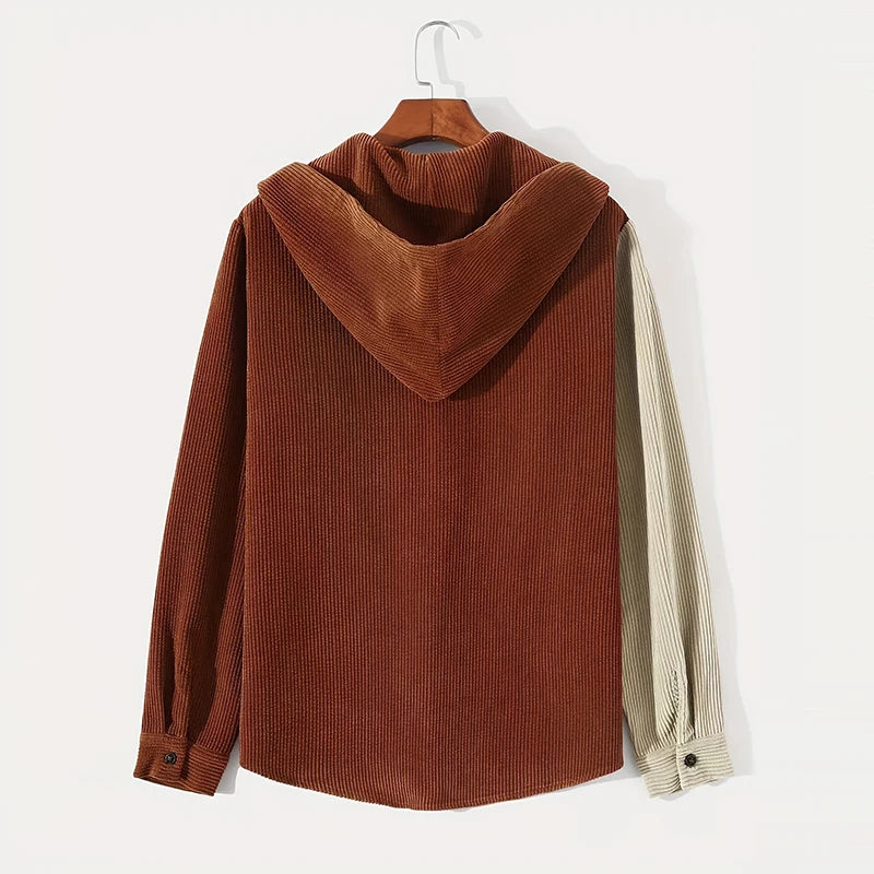 Autumn Men Patchwork Hooded Corduroy Shirts Long Sleeve Beige and Brown Fashion Cardigan Tops Retro Hoodies Premium Daily Blouse