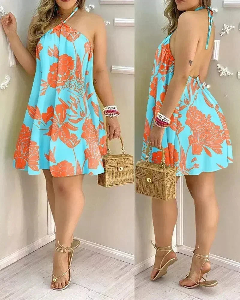 Ladies Sleeveless Beach Dress Halter Neck Tropical Floral Leaf Print Loose Flowy A‑Line Vacation Mini Dress