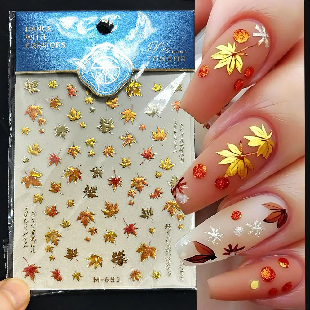 1pcs Autumn Gold Red Maple Leaf Nail Sticker 5D Embossed Jelly Maple Leaves Nail Decals Self-Adhesive Fall Leaf Nail Supplies ^5