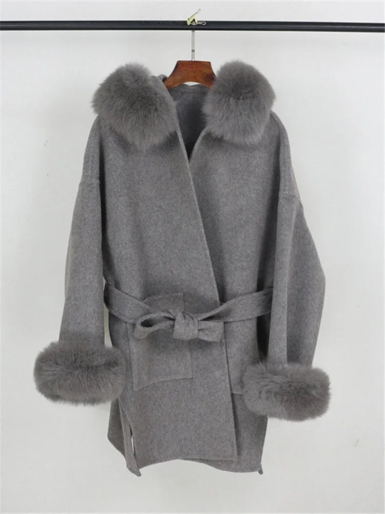 Real Fur Wool Outerwear Wool Blends Coat Natural Fox Fur Collar Hooded Cashmere Winter Jacket for Women Streetwear High Street