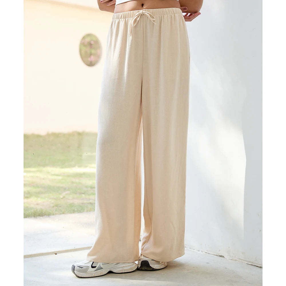 Loose Wide Leg Casual Pants Women's  Korean Linen Office Lady Household Trousers Drawstring Straight Leg Long Pants Femme