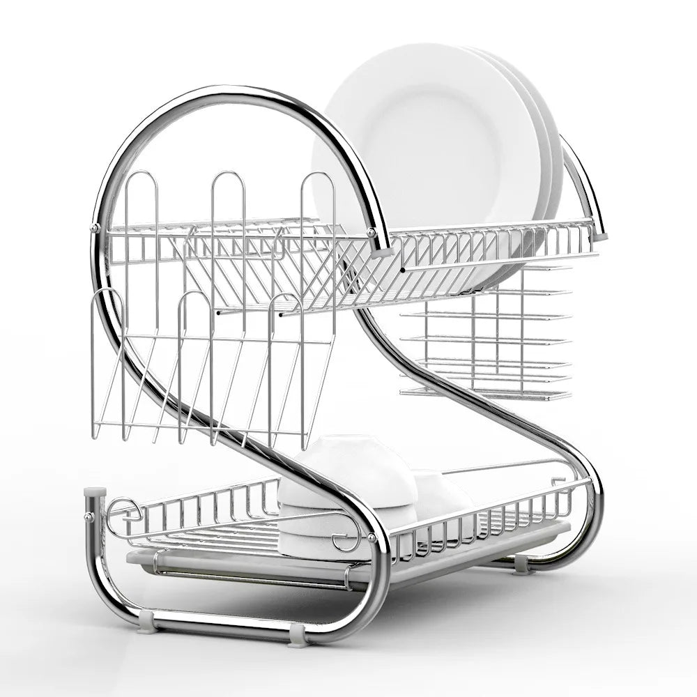 Kitchen Cutlery Organizer 2 Tier S-Shaped Dish Drainer Space-saving Metal Dish Drying Rack Stable Cup Drainer Chopsticks