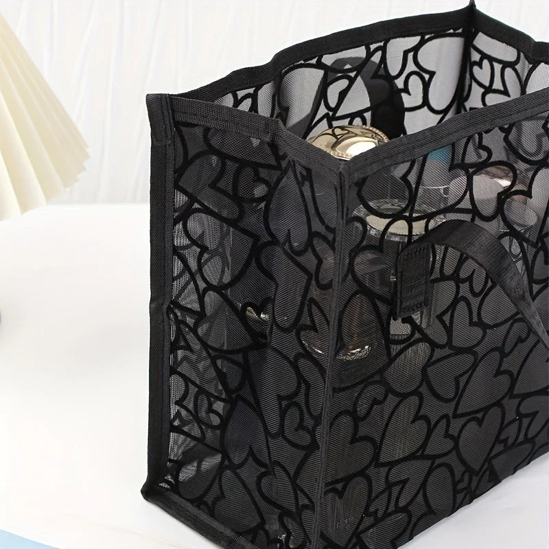 Black Mesh Heart Pattern Tote Bag - Light,Breathable for Travel & Beach with Double Handles, Makeup Storage, Oversized Beach Bag