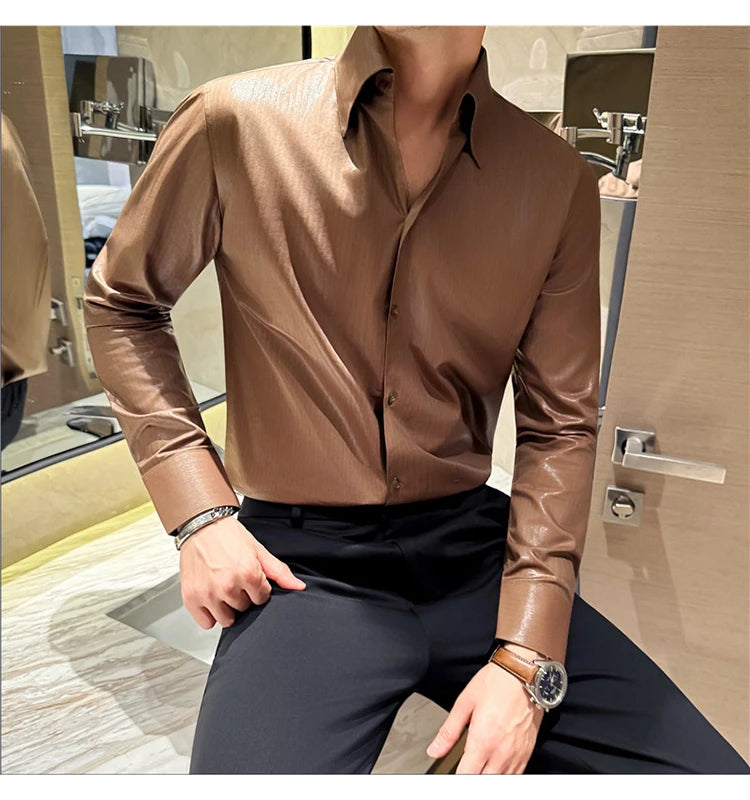 Men's 2026 Spring Luxury Lyocell Cotton Shirt, Leather-Like Texture Jacquard V-Neck, Long Sleeve Business Casual Top