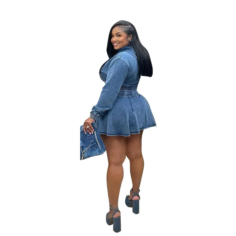Streetwear Denim 2 Piece Sets Women Outfit Spring Clothing Women Full Sleeve Hooded Crop Top Pleated Skirt Sets Jean Dress Sets