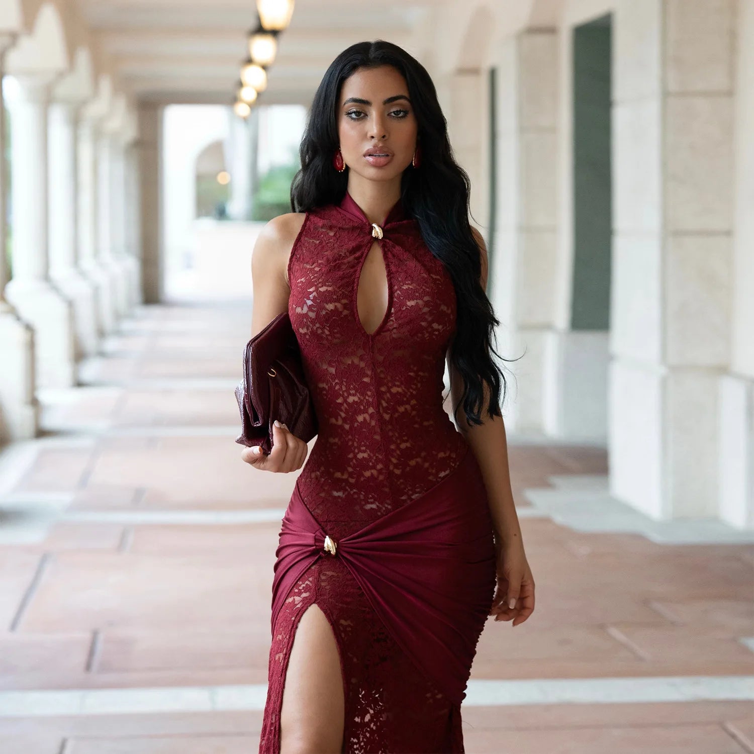 Sexy Women Lace Hollow Out Sleeveless Ruched High Split Maxi Long Dress 2026 Party Trendy Birthday Vacation Beach Dresses